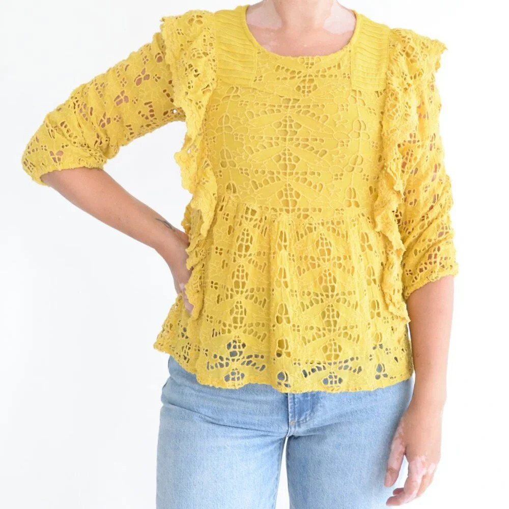 Anthropology Clementine Golden Yellow Ruffle Eyelet Lace 3/4 Sleeve Blouse 2